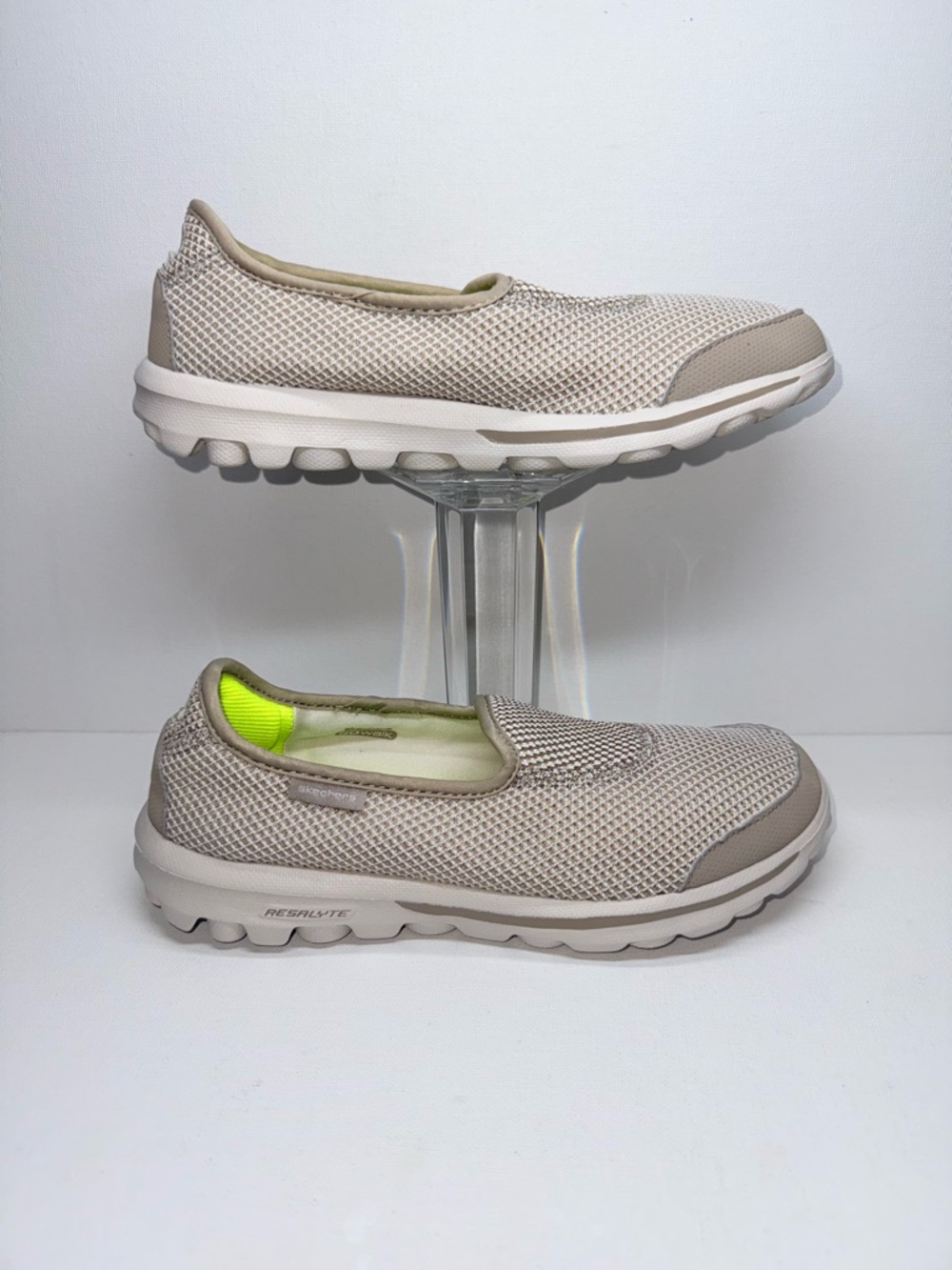 Skechers Slip-On Mesh Comfort Sneakers - Beige with Neon Lime Accent
